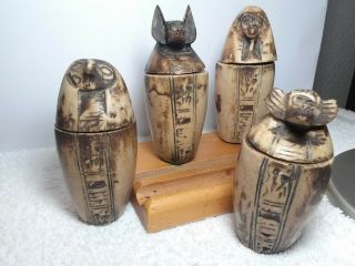 Interesting Hand Carved Stone,  4 Egyptian Figural Sculptures,  Removable Heads,  Box