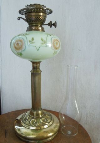 Edwardian Oil Lamp Brass With Green Milk Glass Font Twin Burner & Chimney