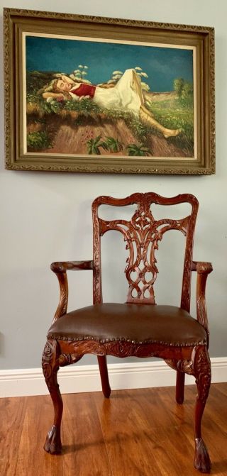 Rare Antique Carved Wood Chippendale Mahogany Accent Chair Lion Paw Pretzel Back