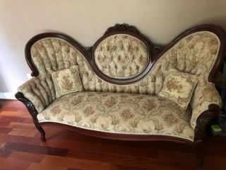 Walnut Empire Victorian Love Seat Beige W/floral Design