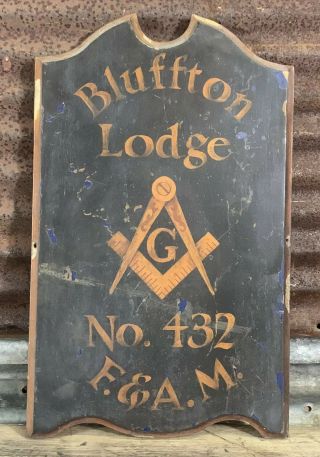 Vtg 30s - 40s - 50s Bluffton Ohio Lodge No 432 Wooden F.  & A.  M.  Folk Art Mason Sign