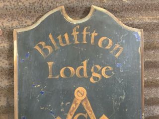 Vtg 30s - 40s - 50s BLUFFTON OHIO LODGE NO 432 Wooden F.  & A.  M.  Folk Art Mason Sign 2