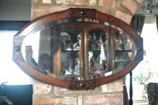 Antique Art Deco Oval Mirror In Oak Frame Wall Mounted