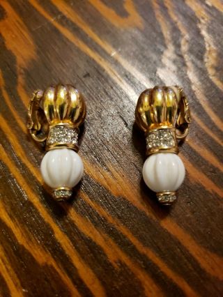 Signed Swan Swarovski Crystal Gold Pavé Milk Glass Clip On Earrings