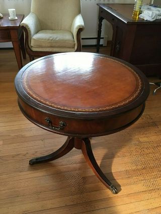 Antique 1939 Imperial Furniture Co.  Mahogany Drum End Table W/inlaid Leather Top