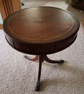 Antique Round Leather Top Drum Table - 1 Drawer,  3 Legs W Claw Feet -