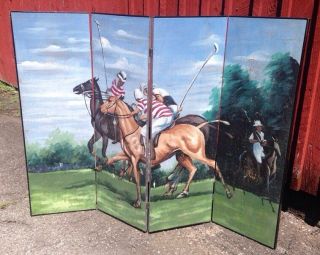 Vintage Handpainted Screen / Room Divider 4 Panels Polo Players