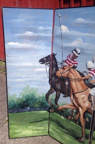 Vintage Handpainted Screen / Room Divider 4 Panels Polo Players 2