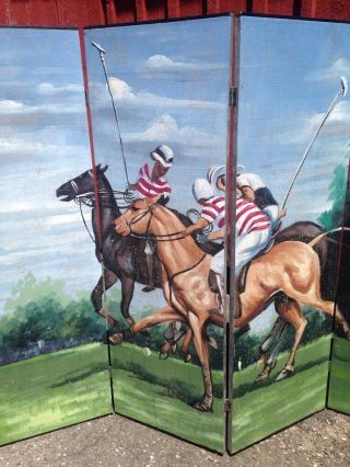 Vintage Handpainted Screen / Room Divider 4 Panels Polo Players 3