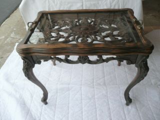 Vintage Hand Carved Wood Side Table With Removable Glass Serving Tray