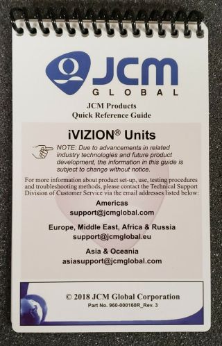 Jcm Quick Help & Reference Pocket Guide Flip Book For Ivizion Bill Acceptors
