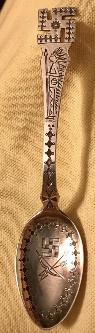 Antique Native American Indian Navajo Cheif Archer Whirling Logs Sterling Spoon