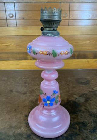 Antique Oil Mantle Lamp Pink Glass Hand Painted Flowers Floral