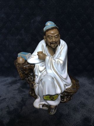 Vintage Chinese Shiwan Ceramic Factory Scholor Drinking Tea Mudman Figurine