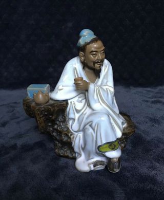 Vintage Chinese Shiwan Ceramic Factory Scholor Drinking Tea Mudman Figurine 2