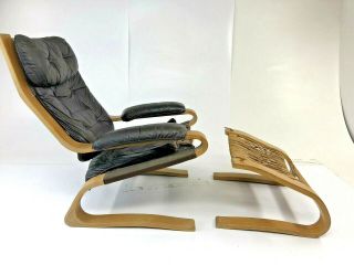 Vintage Leather Lounge Chair & Foot Stool Danish Modern Ottoman Bentwood Set 70s