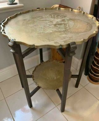 Vintage Chinese Brass Tray Table 2 - Tiered Mid - Century Oriental Wooden 6 Legs