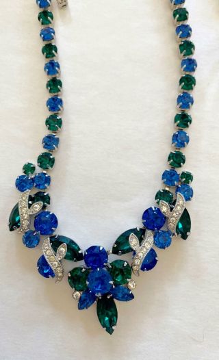 Dazzling Eisenberg Vintage Necklace Sapphire Blue Green & Ice Rhinestone Ribbons