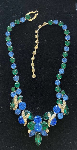 Dazzling EISENBERG Vintage Necklace Sapphire Blue Green & Ice Rhinestone Ribbons 2