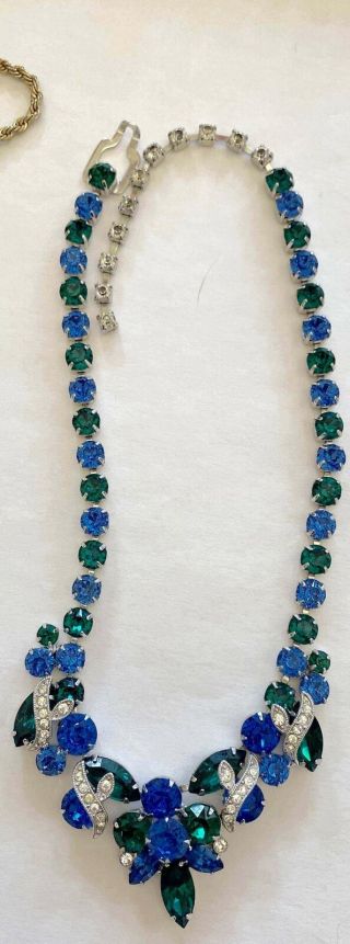 Dazzling EISENBERG Vintage Necklace Sapphire Blue Green & Ice Rhinestone Ribbons 3