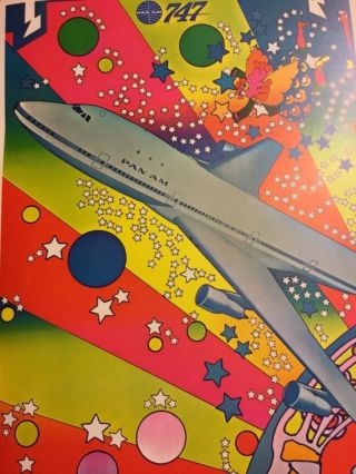 Vintage Peter Max Pan Am 747 Airliner Airplane Psychedelic Pop Stars Art Poster