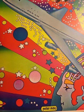 Vintage Peter Max PAN AM 747 Airliner Airplane Psychedelic Pop Stars Art Poster 2