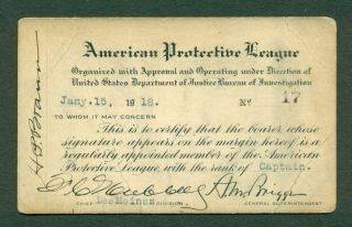 1918 Wwi American Protective League Membership Card Volunteer Secret Service