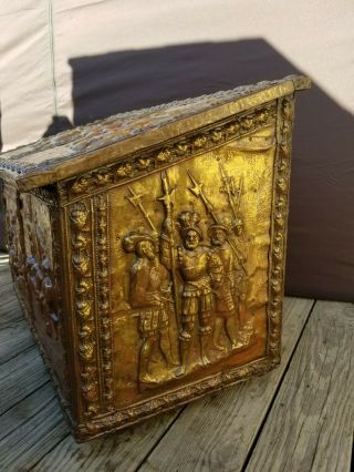 Labeled 1846 Antique French Hammered Copper Steamer Trunk Chest Fireplace Box