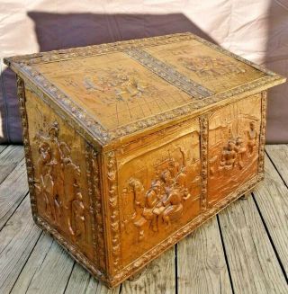 LABELED 1846 ANTIQUE FRENCH HAMMERED COPPER STEAMER TRUNK CHEST FIREPLACE BOX 2
