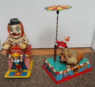 Vintage 1950s Japan Tin Happy The Clown Puppet Show & Bonus Battery Operated Toy