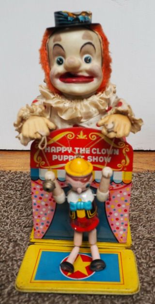 Vintage 1950s Japan Tin HAPPY THE CLOWN PUPPET SHOW & Bonus Battery Operated Toy 2