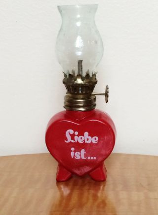Vintage Miniature Red Glass Oil Lamp With Chimney Leibe Ist.  Valentine Heart