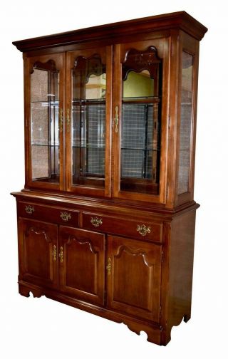 Vintage Thomasville Two Piece Lighted Cherry China Cabinet