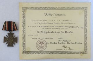 Vintage Ww1 German Navy War Veteran Verein Cross With Medal Document