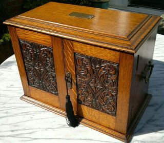 Victorian Arts & Crafts Oak Smokers Cabinet Reg 1893 Lock & Key Desktop Cabinet