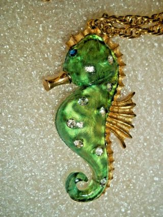 Vintage Gold Tone Lucite And Rhinestone Seahorse Pendant Necklace