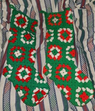 Vintage Pair Hand Made Granny Square Crochet Christmas Stocking Green White Red