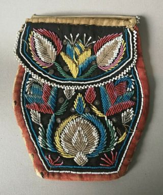 Fine Antique 19th C Native American Indian Iroquois Beadwork Beaded Pouch Bag Nr