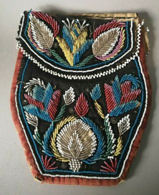 FINE ANTIQUE 19TH C NATIVE AMERICAN INDIAN IROQUOIS BEADWORK BEADED POUCH BAG NR 2