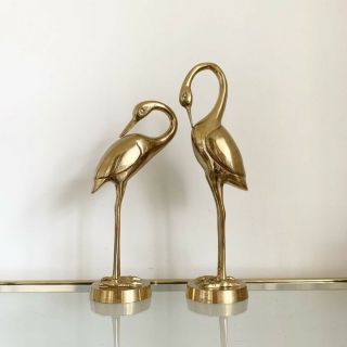 Vintage Set Pair Solid Brass Flamingo Figurines Figures 15” & 13” Tall