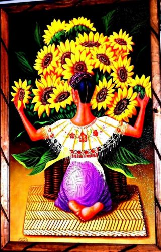 Print/painting Mexico Art Wood Frame Diego Rivera Vendiendo Girasol 17 " X13 " Larg