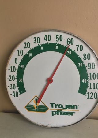Vtg Trojan Pfizer Jumbo Dial Ohio Thermometer Farm Seed Feed Advertising 12 "