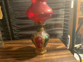 Vintage Antique Oil Lamp Brass & Glass 11 " Tall