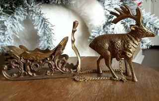 Vintage Christmas Brass Reindeer And Sleigh