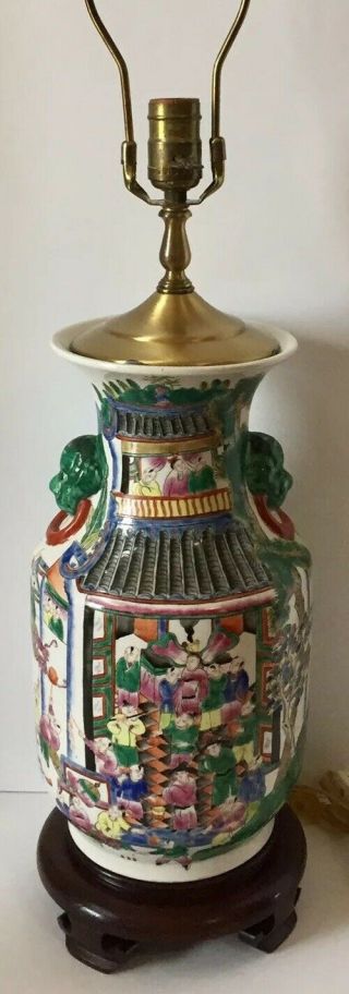 Vintage Old Chinese Famille Rose Canton Vase Lamp Colorful Porcelain Lion Handle