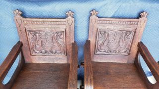 Antique American Renaissance Revival Carved Oak Armchair / Chair - Pair - 1900
