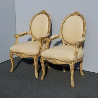Pair Vintage French Louis Xvi Rococo Ornate Gold White Crackle Accent Chairs