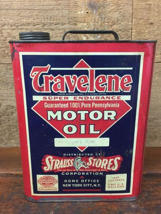 Vintage Travelene Motor Oil 2 Gallon Oil Can - Strauss Stores York City,  Ny