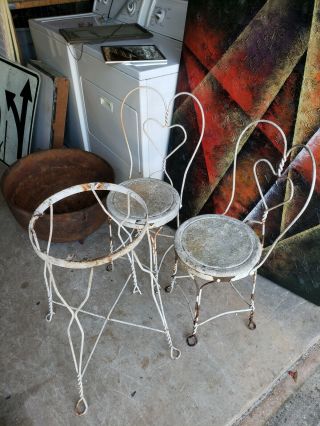 2 Vintage Ice Cream Parlor Chairs Twisted Iron Metal Heart & Table