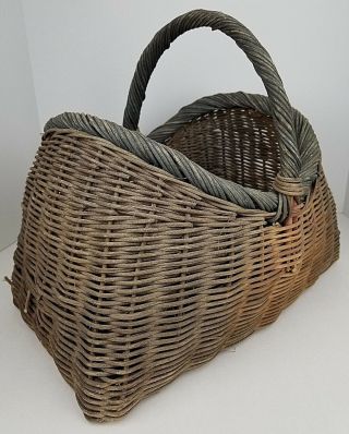 Vintage Large Handled Woven Rattan Wicker Gathering Basket Farm House Primitive